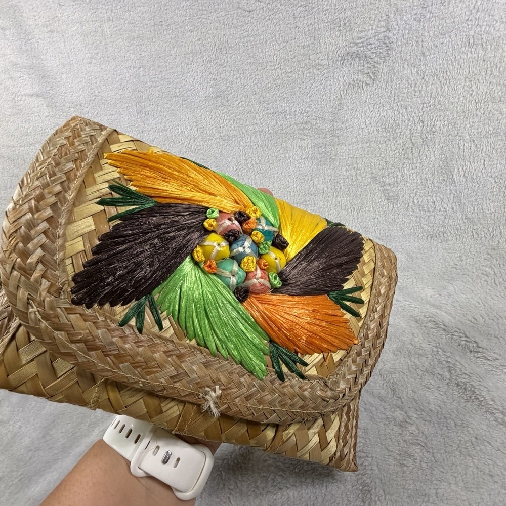 Vintage Woven Straw Envelope Clutch Colorful Raffia Tassel Beaded Boho Bag - Picture 4 of 9